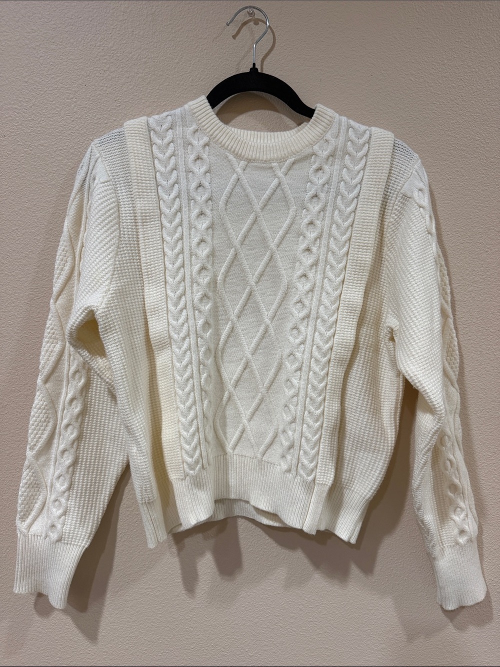 Mango Cream Cable-Knit Crewneck Sweater